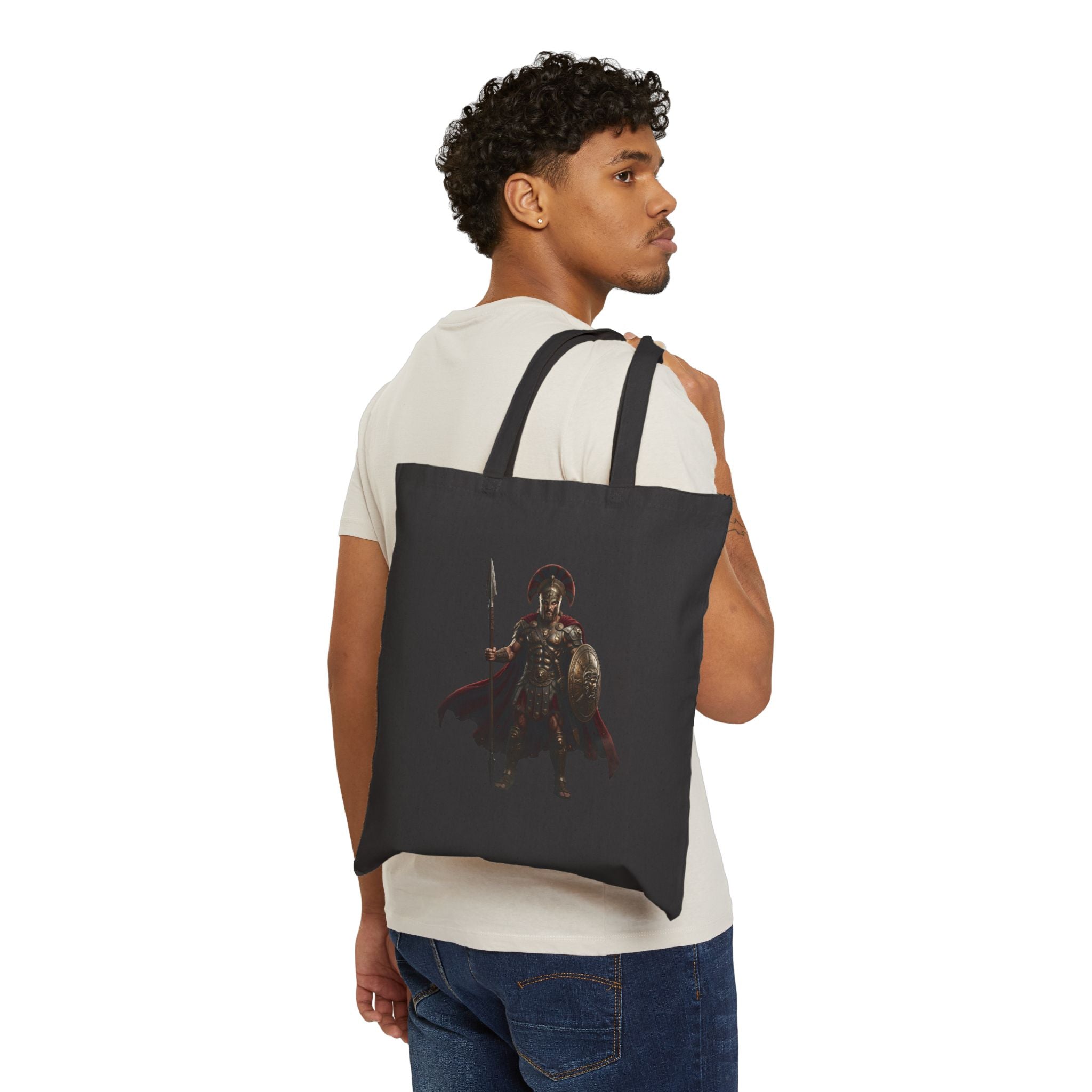 Spartan Warrior Canvas Tote Bag – Ancient Spartan Helmet & Spear Silhouette