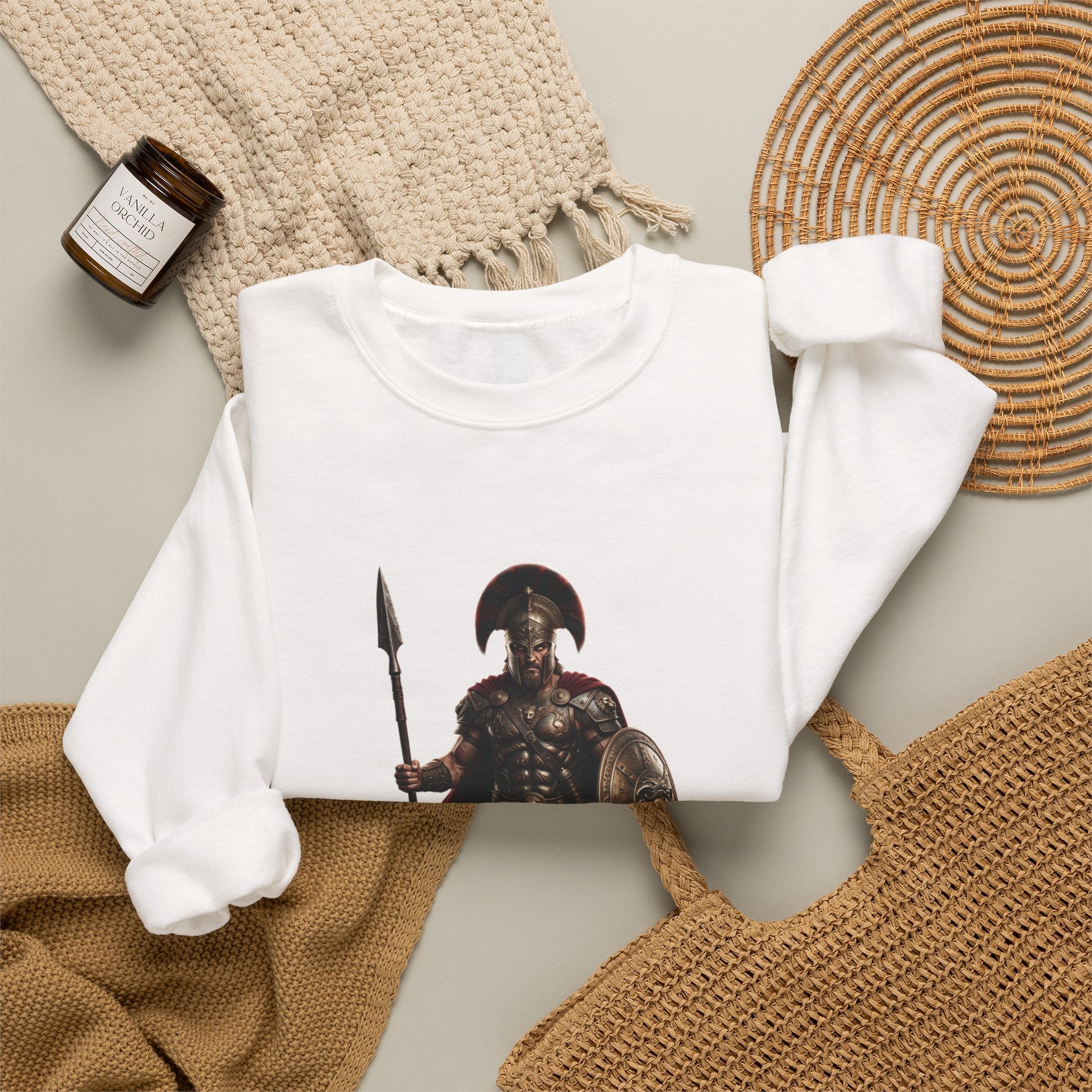 Spartan Warrior Crewneck Sweatshirt — Chez Cares Crest Back Graphic
