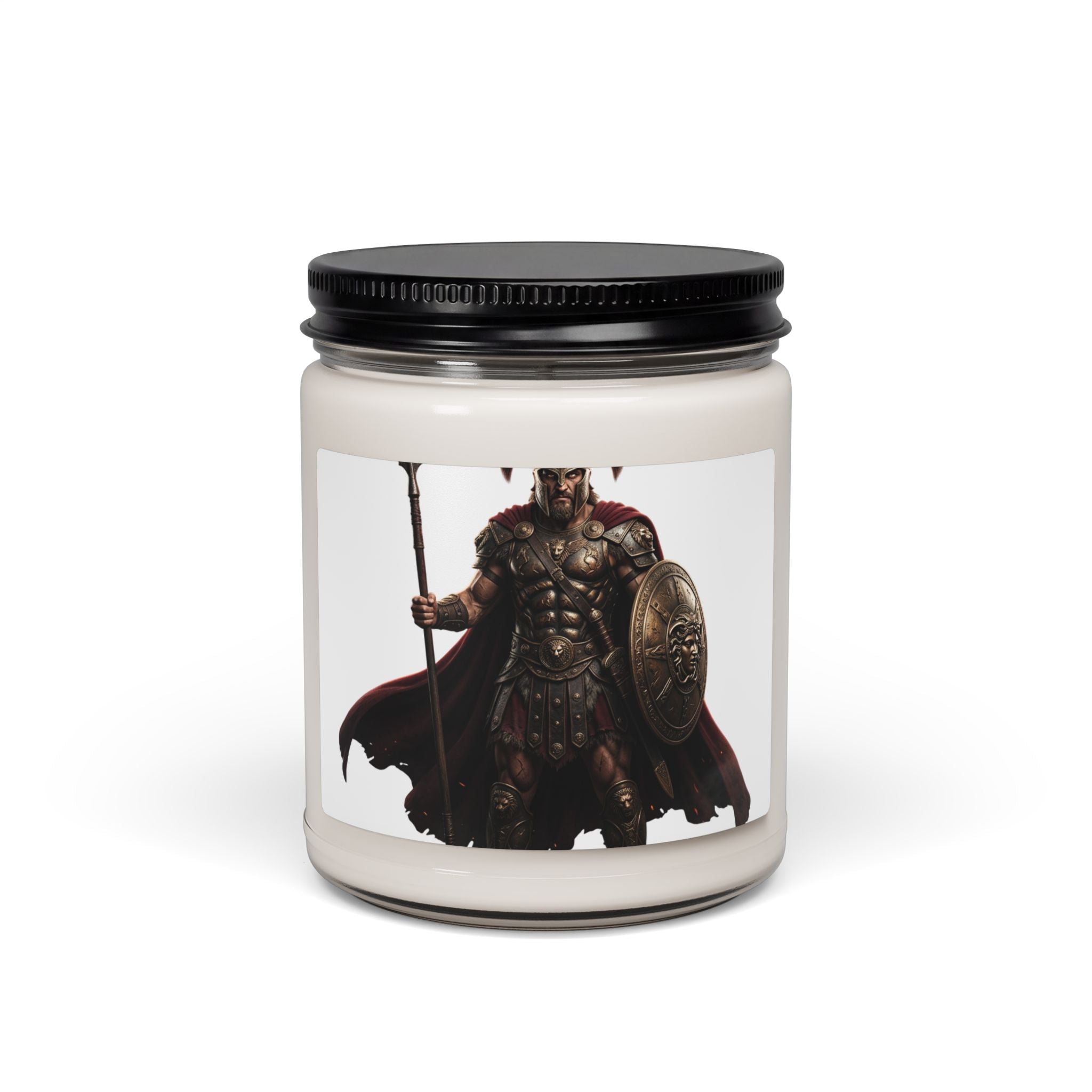 Warrior Spartan Soy Candle — 9oz Scented Jar (Mythic Armor Design)