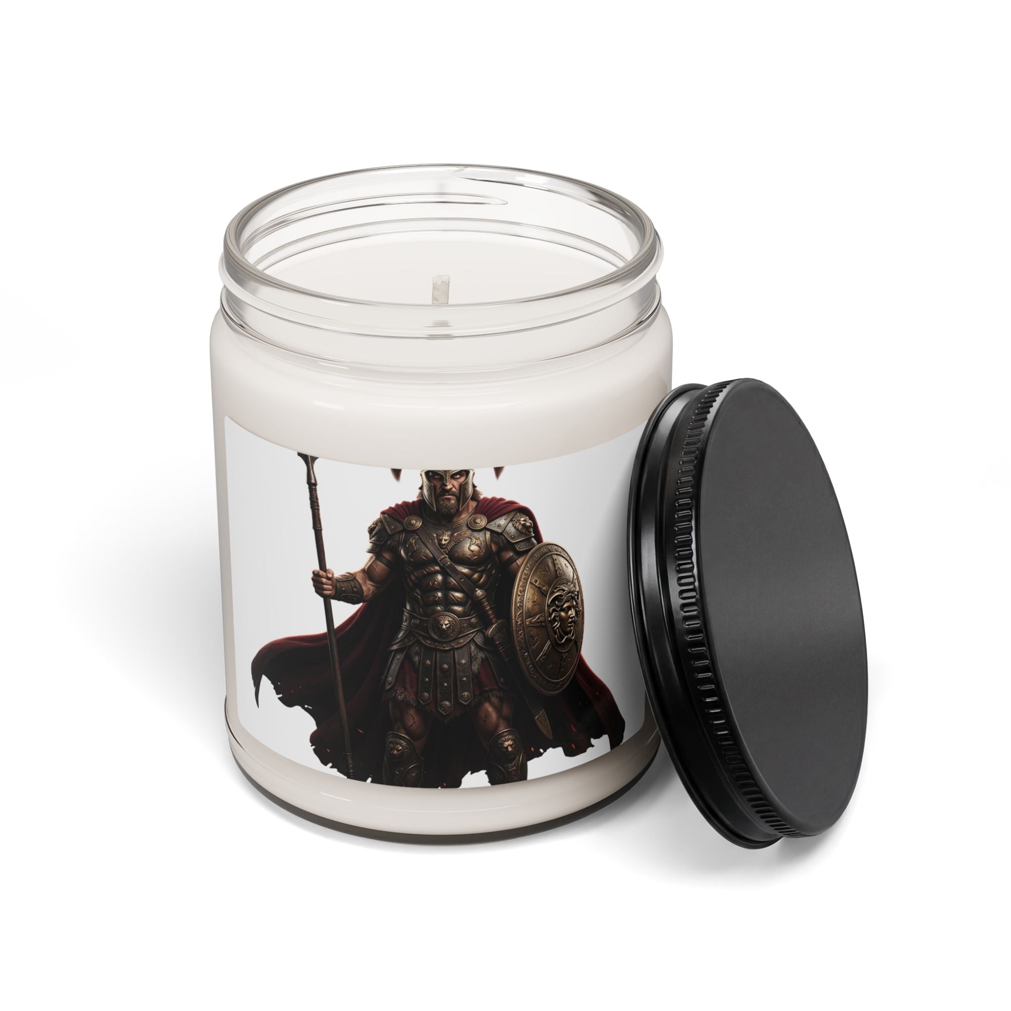 Warrior Spartan Soy Candle — 9oz Scented Jar (Mythic Armor Design)