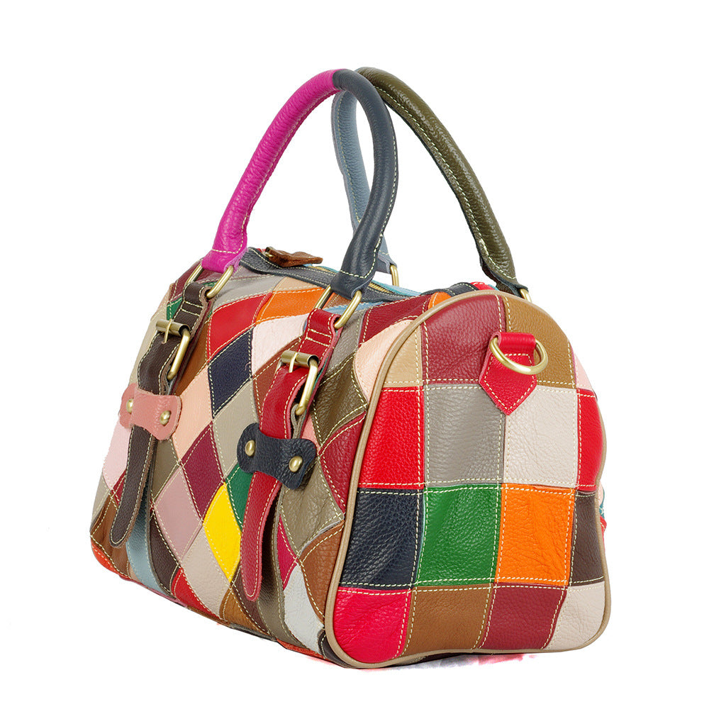 Genuine Leather Basket Bag Manufacturer Cross-Border Bag Women's Bag Contrasting Color Colorful Stitching Shoulder Crossbody Bag Handbag Women's Bag