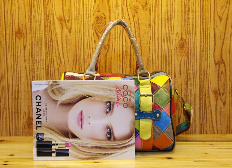 Genuine Leather Basket Bag Manufacturer Cross-Border Bag Women's Bag Contrasting Color Colorful Stitching Shoulder Crossbody Bag Handbag Women's Bag