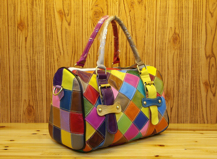 Genuine Leather Basket Bag Manufacturer Cross-Border Bag Women's Bag Contrasting Color Colorful Stitching Shoulder Crossbody Bag Handbag Women's Bag