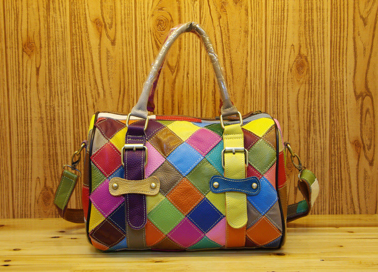 Genuine Leather Basket Bag Manufacturer Cross-Border Bag Women's Bag Contrasting Color Colorful Stitching Shoulder Crossbody Bag Handbag Women's Bag