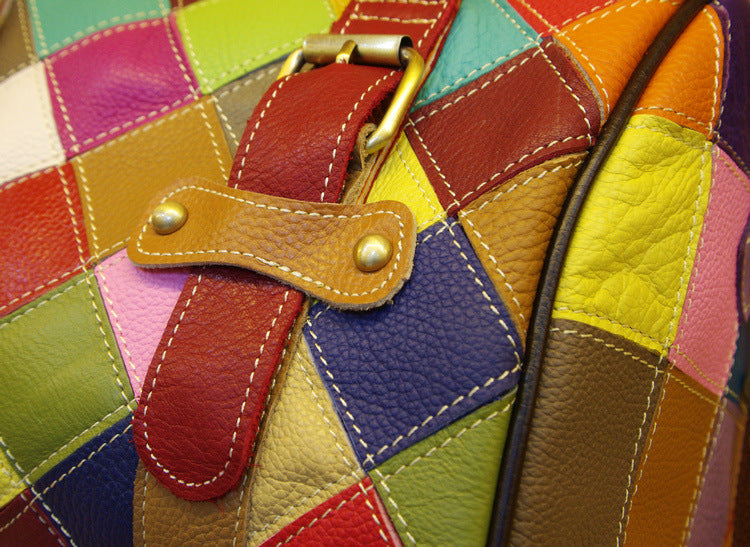 Genuine Leather Basket Bag Manufacturer Cross-Border Bag Women's Bag Contrasting Color Colorful Stitching Shoulder Crossbody Bag Handbag Women's Bag