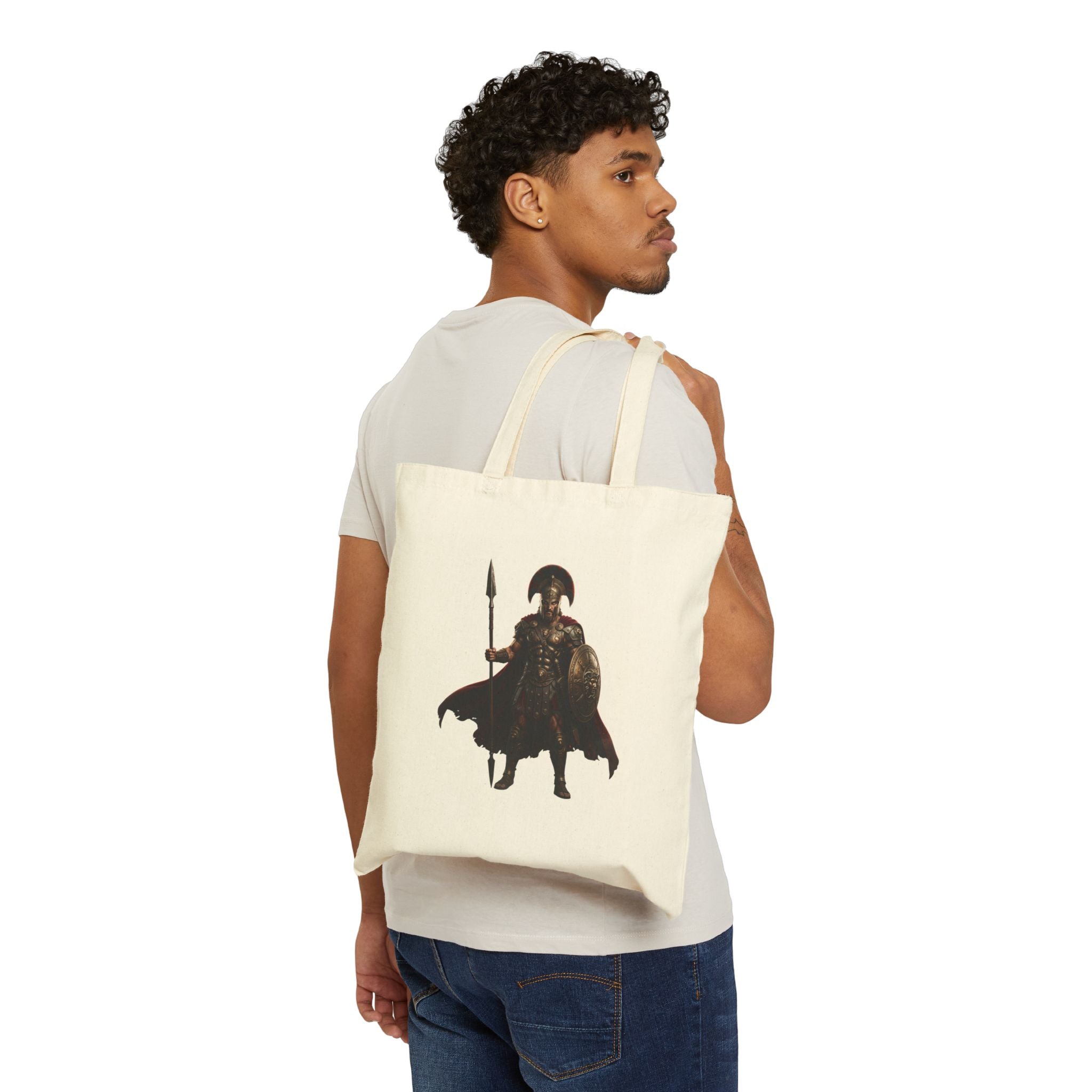 Spartan Warrior Canvas Tote Bag – Ancient Spartan Helmet & Spear Silhouette